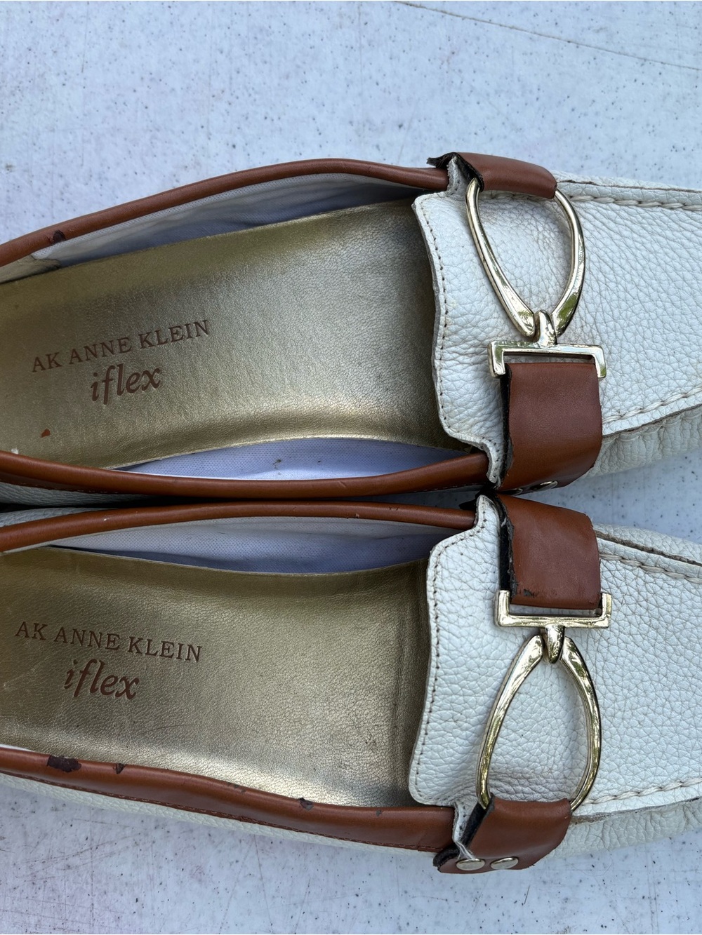 Anne Klein White and Brown Leather Loafers with Gold Hardware